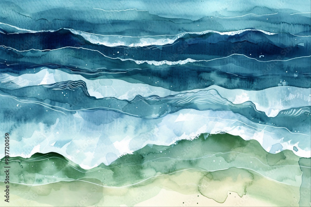 Abstract watercolor painting of ocean waves in shades of blue and green. Abstract watercolor painting of ocean waves in shades of blue and green.