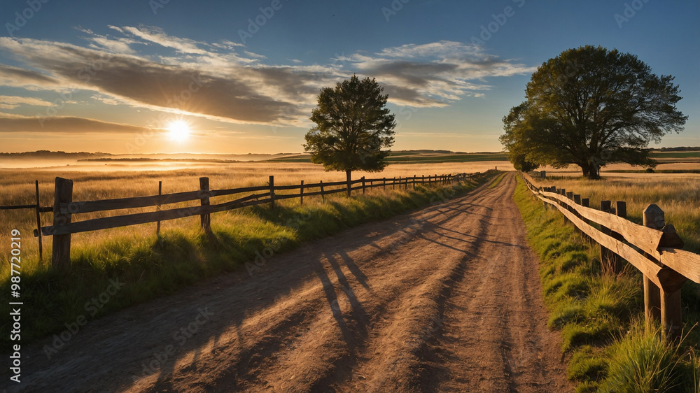 Beautiful rural landscape with a dirt road, large tree, fencing, and a sunset sky, lush green grass. Beautiful rural landscape with a dirt road, large tree, fencing, and a sunset sky, lush green grass.