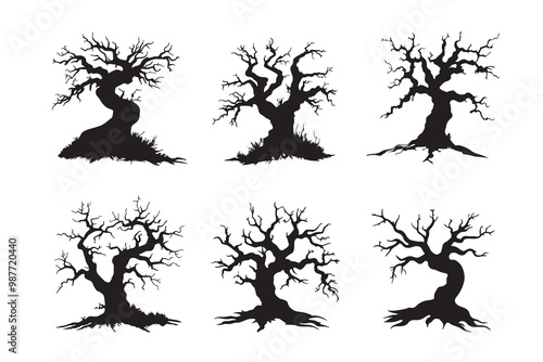 Collection artistic black silhouettes of twisted trees with intricate branches, showcasing different shapes and styles of Halloween, Hand-drawn isolated illustrations.