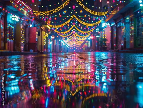 banner background of Navratri Day, [A mesmerizing portrayal of lights adorning the streets, with reflections in puddles creating a magical ambiance during the festival nights] 