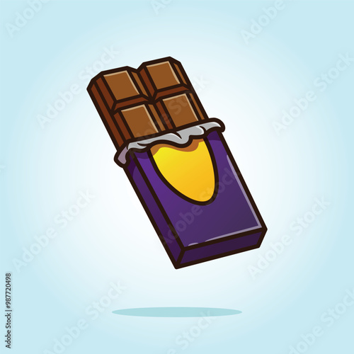 chocolate bar in opened purple wrap and foil. food vector cartoon illustration