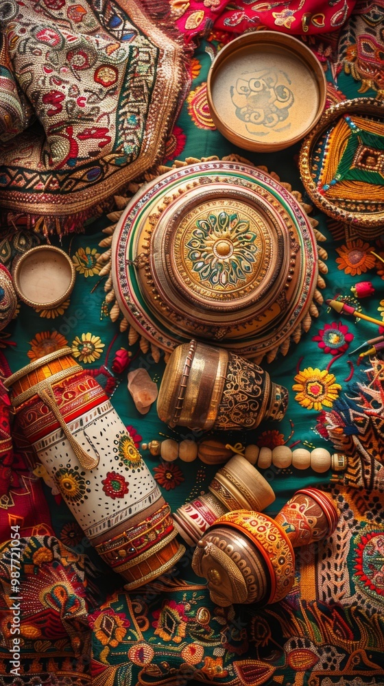 Fototapeta premium banner background of Navratri Day, a detailed view of traditional musical instruments like dhol and nagada beautifully arranged against a vibrant backdrop of ethnic textile