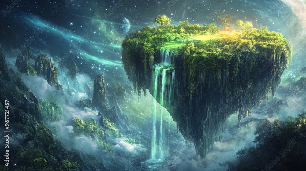 Obraz premium Fantasy Island and Waterfall in Swirling Lights