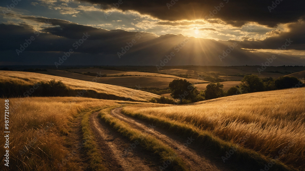 Fototapeta premium Winding road through rolling hills under dramatic sunset sky with golden fields and scattered trees.