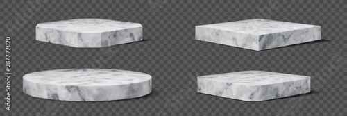 3d marble podium stage pedestals. Realistic vector white stone platforms, displays or stands. Square and circular geometric museum, exhibit, gallery bases for award ceremony or product presentation