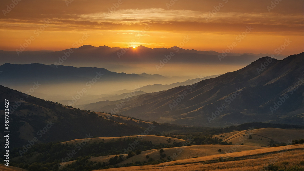 Fototapeta premium A stunning sunset over a series of lush mountain ranges with mist and golden sky, filling the horizon.