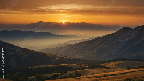 A stunning sunset over a series of lush mountain ranges with mist and golden sky, filling the horizon.