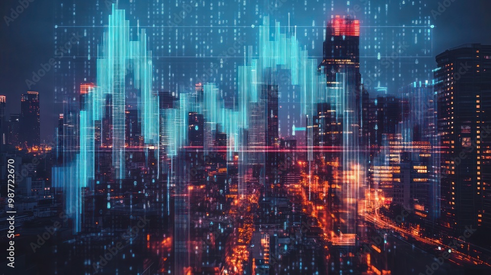 Real estate market crash and economy crisis concept. Real estate investment concept with financial chart candlestick on modern skyscraper background. Real estate market crash and economy crisis concept. Real estate investment concept with financial chart candlestick on modern skyscraper background.