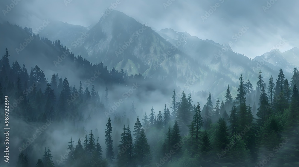 Misty Mountain Forest with Tall Pine Trees Misty Mountain Forest with Tall Pine Trees