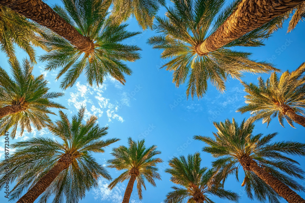 Looking up view capturing tall palm trees reaching towards a clear blue sky with scattered clouds, showcasing a tropical and vibrant atmosphere under sunny conditions. Looking up view capturing tall palm trees reaching towards a clear blue sky with scattered clouds, showcasing a tropical and vibrant atmosphere under sunny conditions.