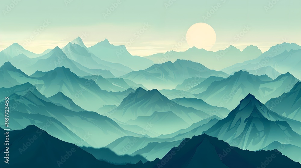 Obraz premium A hazy, sunlit mountain range with peaks bathed in teal hues.