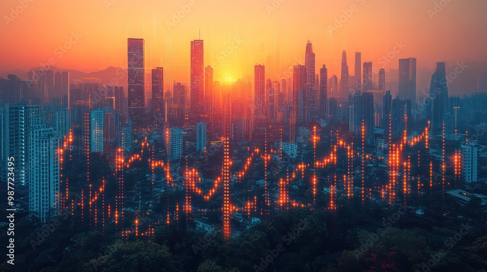 Real estate market crash and economy crisis concept. Real estate investment concept with financial chart candlestick on modern skyscraper background. Real estate market crash and economy crisis concept. Real estate investment concept with financial chart candlestick on modern skyscraper background.