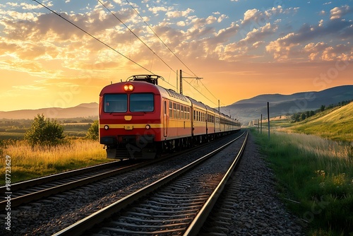 Red train traveling through scenic landscape at sunset