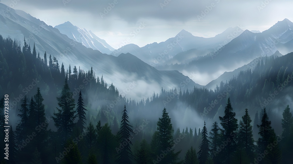 Misty Mountain Forest with Silhouetted Pine Trees Misty Mountain Forest with Silhouetted Pine Trees