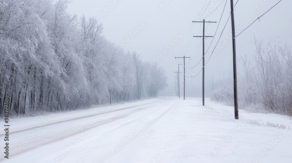 A snowy road stretches into the distance, flanked by snow-covered trees and utility poles under a gray, overcast sky. A snowy road stretches into the distance, flanked by snow-covered trees and utility poles under a gray, overcast sky.