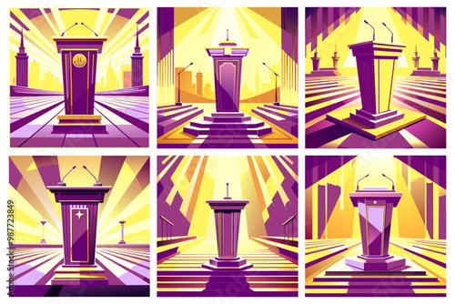 A set of color illustrations of a podium for public speaking.