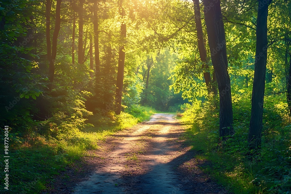 Obraz premium Sun shining through trees on dirt path in lush green forest