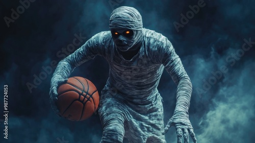 Scary Halloween mummy playing basketball, halloween sport concept