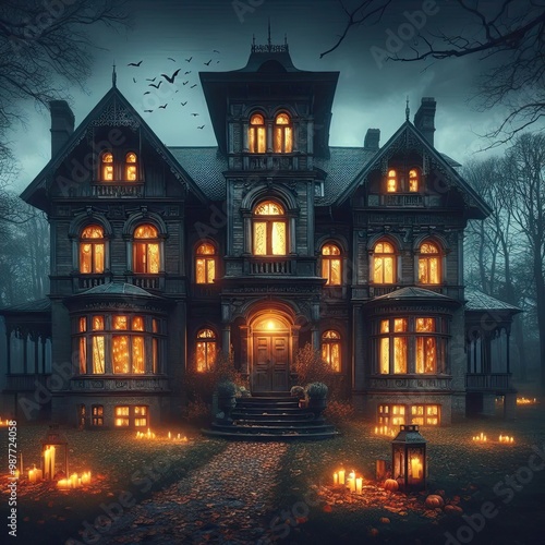 Eerie old mansion with flickering lights in the windows