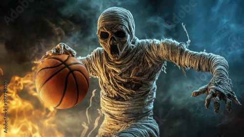 Scary Halloween mummy playing basketball, halloween sport concept