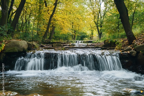Small waterfall in a lush green forest with autumn leaves on trees