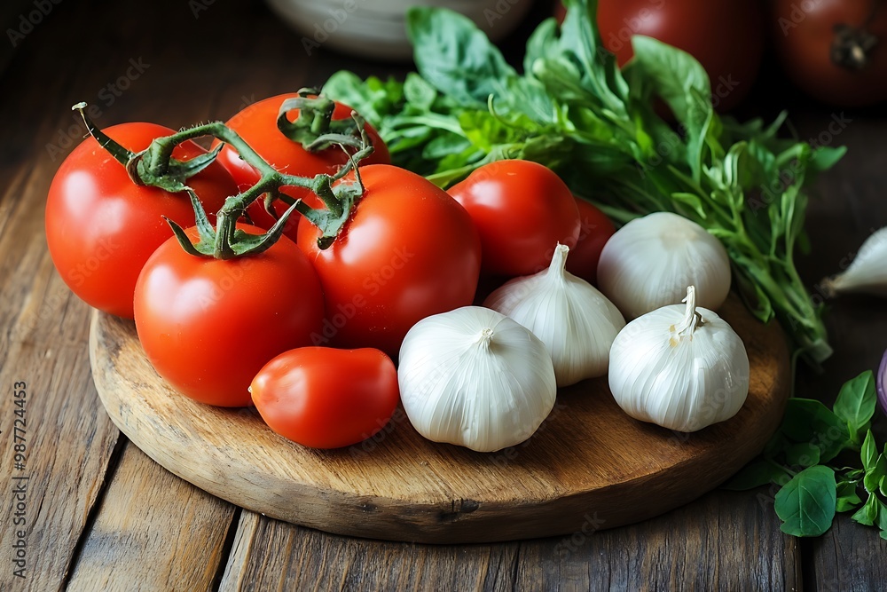 Fresh Tomatoes and Garlic on Wooden Cutting Board, Rustic Food Photography Fresh Tomatoes and Garlic on Wooden Cutting Board, Rustic Food Photography