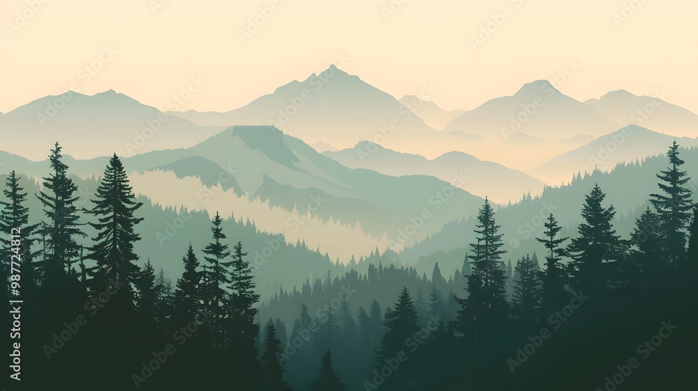 Silhouetted Pine Trees in a Misty Mountain Range Silhouetted Pine Trees in a Misty Mountain Range
