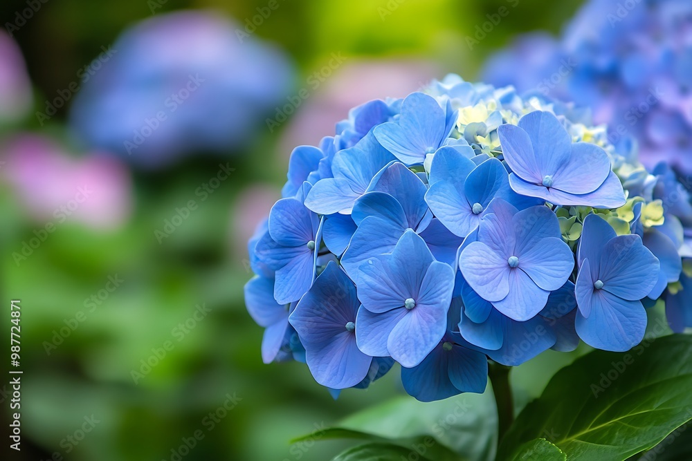 Close up of beautiful blue hydrangea flowers blooming in garden Close up of beautiful blue hydrangea flowers blooming in garden