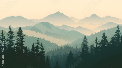 Silhouetted Pine Trees in a Misty Mountain Range