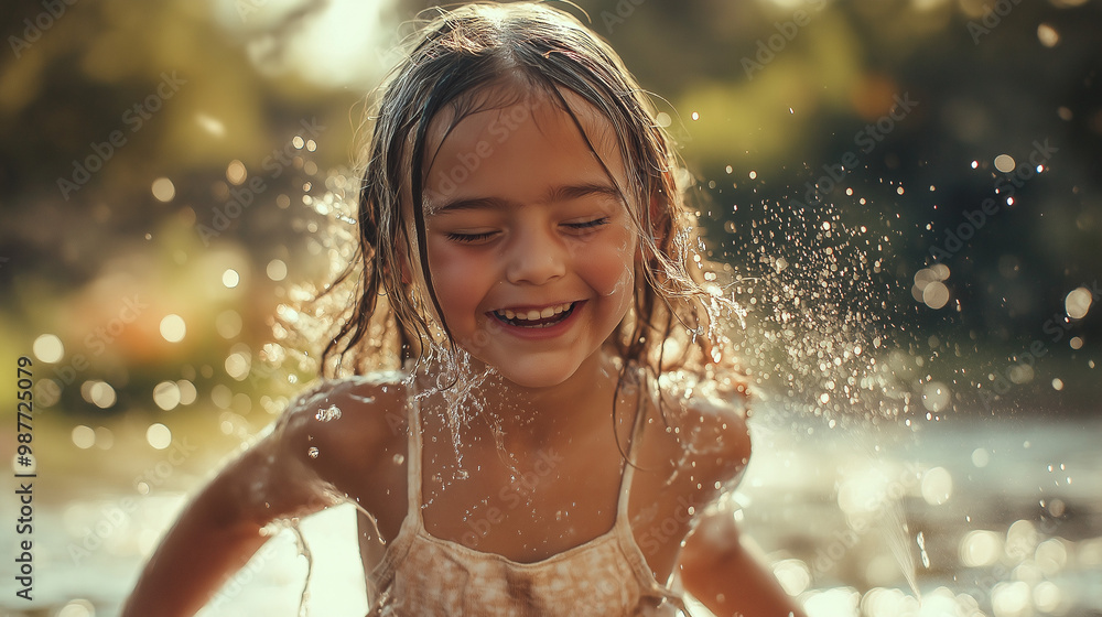 A little girl runs through a sprinkler in the garden A little girl runs through a sprinkler in the garden