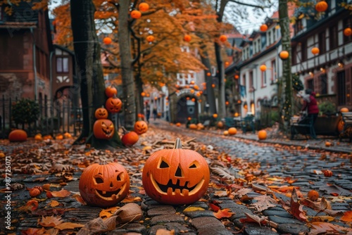 Fototapeta Naklejka Na Ścianę i Meble -  halloween european town atmosphere, wide angle street view with festive decoration