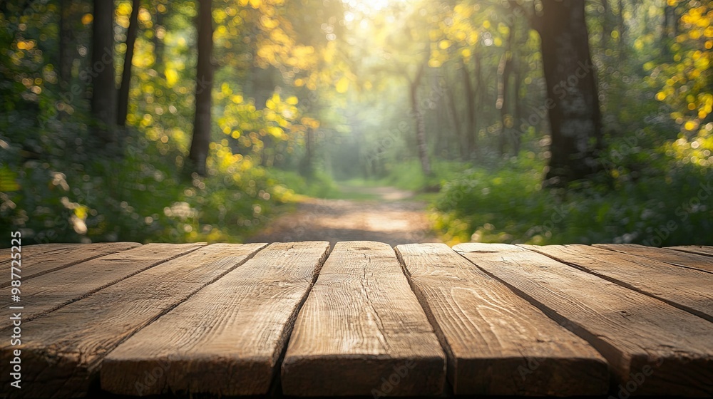 Wooden Tabletop with Blurred Background of Forest Path Wooden Tabletop with Blurred Background of Forest Path