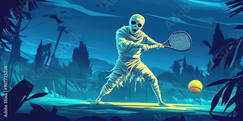 Halloween mummy playing tennis at tennis court halloween sport concept
