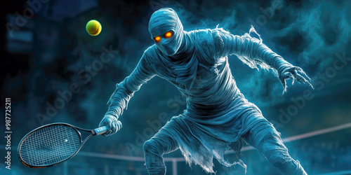 Halloween mummy playing tennis at tennis court halloween sport concept