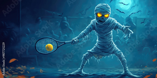 Halloween mummy playing tennis at tennis court halloween sport concept
