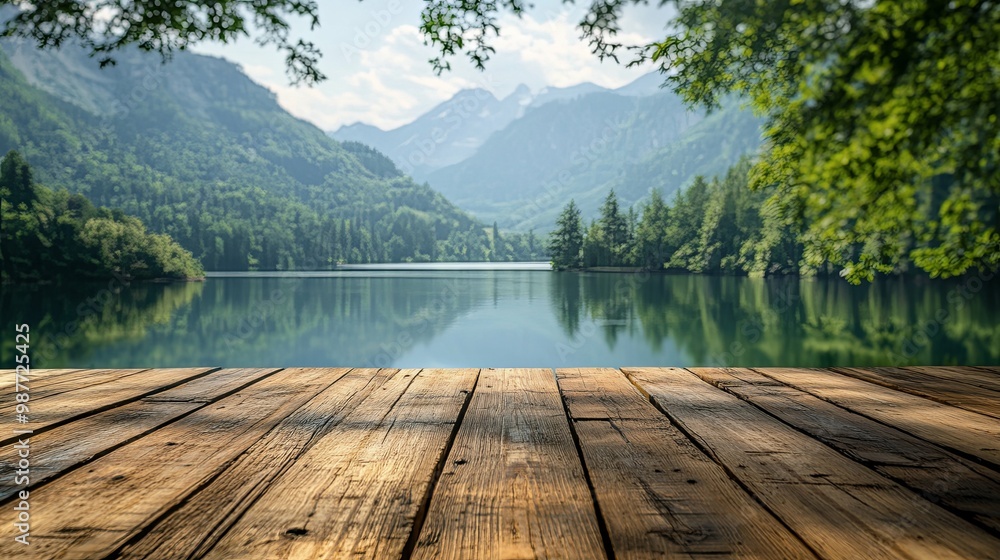 Wooden Deck Overlooking a Tranquil Lake and Mountain Range Wooden Deck Overlooking a Tranquil Lake and Mountain Range