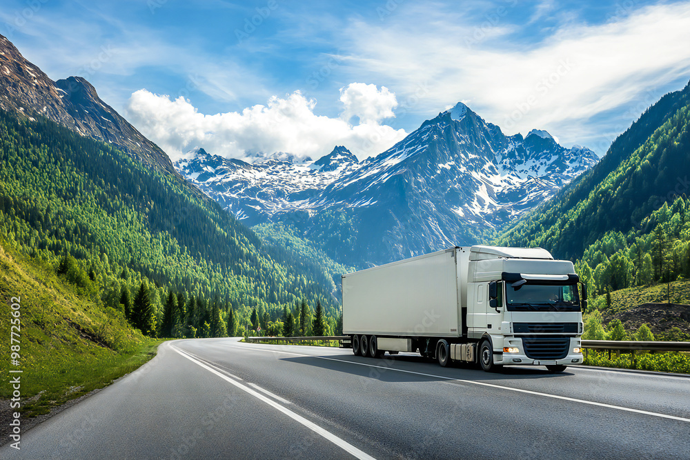 White cargo truck with a white blank empty trailer on highway road White cargo truck with a white blank empty trailer on highway road