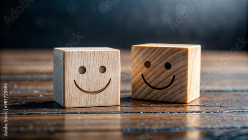 happy dice on a wooden table, smiling 