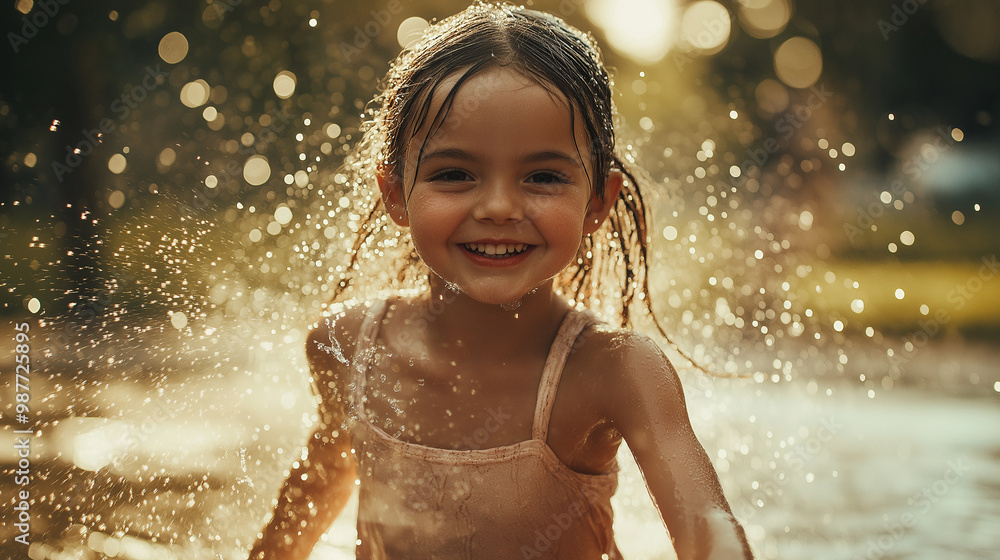 A little girl runs through a sprinkler in the garden A little girl runs through a sprinkler in the garden