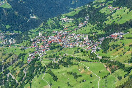 Aerial view on alpine village Fließ at Tyrol, Austria