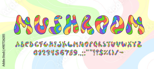 Rainbow groovy font, psychedelic type, retro 60s hippie typeface, bold wavy alphabet letters and numbers with vector funky pattern of colorful swirls. English abc characters groovy font or hippy type