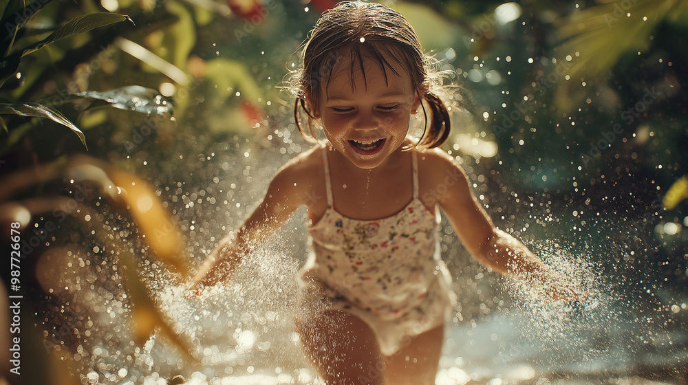 A little girl runs through a sprinkler in the garden A little girl runs through a sprinkler in the garden