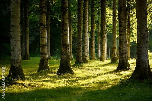 Sunlight shining through trees in a green forest