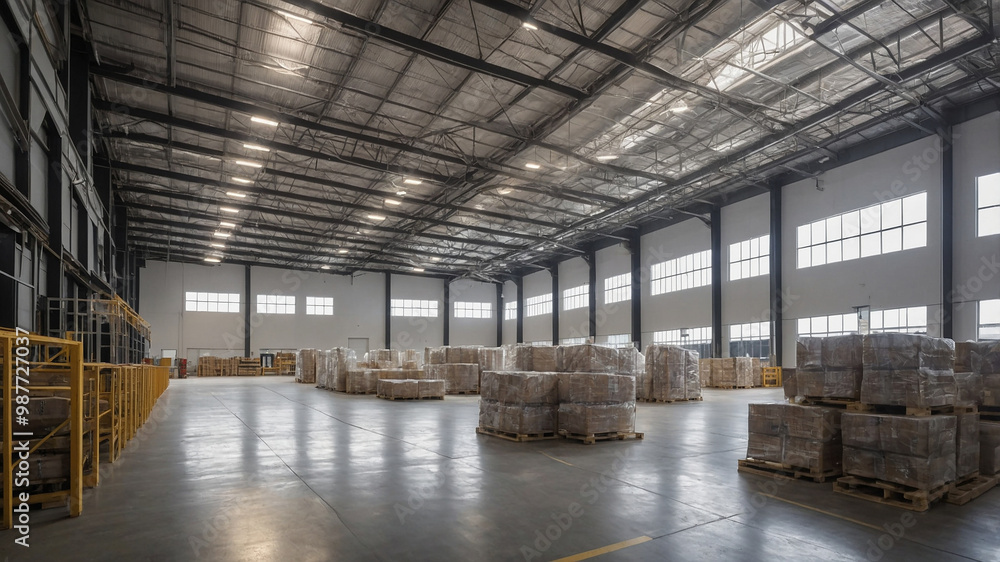Obraz premium Vast empty warehouse with boxes stacked along the walls, under a high ceiling with skylights and pillars.