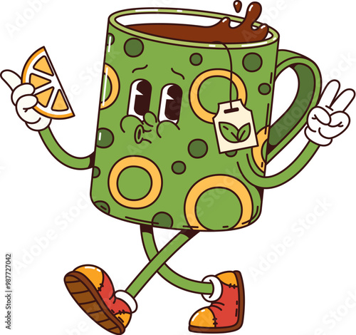 Tea cup retro groovy breakfast character. Isolated cartoon vector fun and lively green mug with a polka dot pattern, whistle, holding slice of lemon in hand and making a peace sign with the other