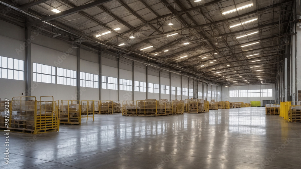 Vast empty warehouse with boxes stacked along the walls, under a high ceiling with skylights and pillars. Vast empty warehouse with boxes stacked along the walls, under a high ceiling with skylights and pillars.