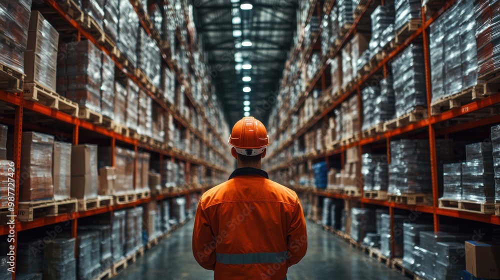 Warehouse Worker in Orange Suit Stands in an Aisle Warehouse Worker in Orange Suit Stands in an Aisle