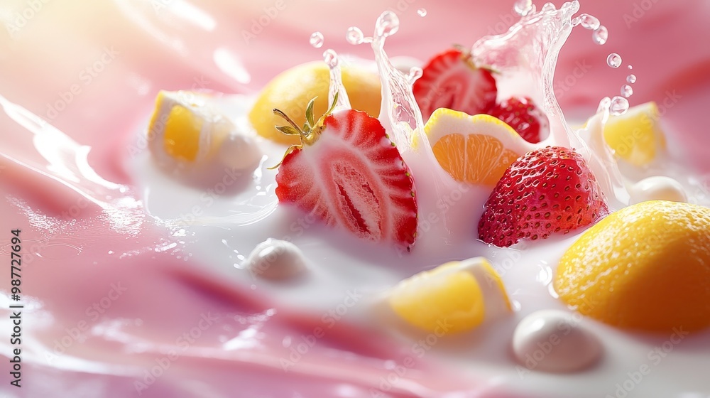 Fresh Fruit Splash in Creamy Yogurt Background Fresh Fruit Splash in Creamy Yogurt Background