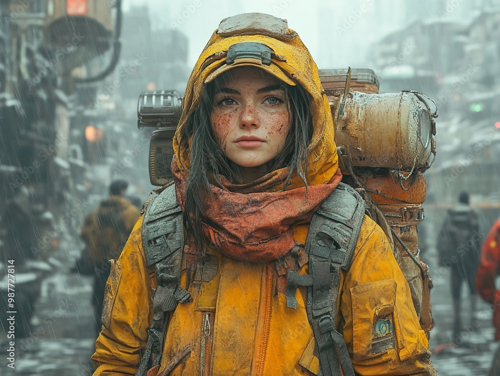 A Woman in a Yellow Jacket Stands in a Rainy Futuristic City A Woman in a Yellow Jacket Stands in a Rainy Futuristic City
