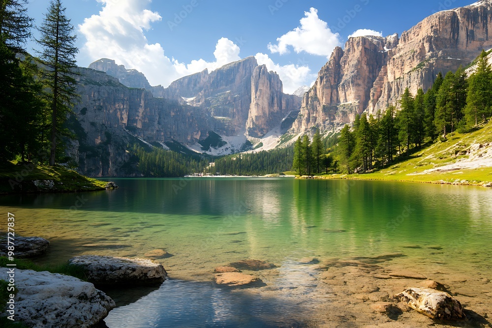 Naklejka premium Scenic mountain lake with clear turquoise water surrounded by green trees and rocky peaks, a serene natural landscape